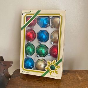 Vintage Pyramid Glass Ornaments Set of 12 Red Gold Blue Green Shiny with Box